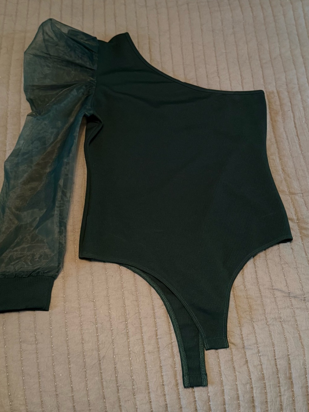TCEC Dark Green Ribbed One-Shoulder Bodysuit with Sheer Sleeve